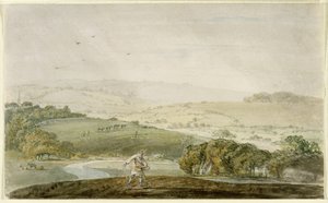 Ein Bauer sät, mit einem Flusstal und Hügeln im Hintergrund, ca. 1795