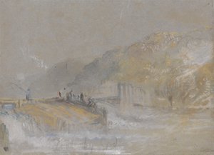 Foul, bei Gott: Flusslandschaft mit Anglern, die von einem Wehr aus fischen von Joseph Mallord William Turner