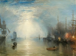 Kielmänner verladen Kohle bei Mondlicht. 1835
