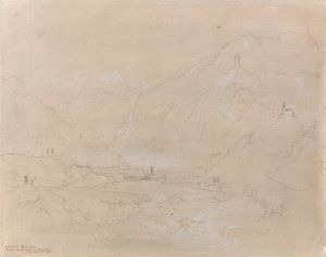 Gebirgslandschaft mit Stadt im Tal (ca. 1840) (Graphit und graue Waschung auf Papier)
