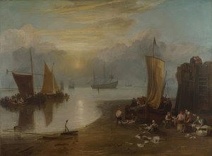 Sonnenaufgang im Dunst. Fischer beim Ausnehmen und Verkaufen von Fischen