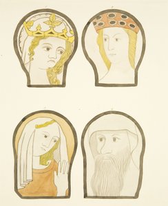 Vier Köpfe in Buntglasfenstern südlich des Chors in der Kathedrale von Bristol von Joseph Manning