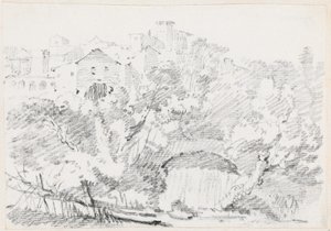 Ein Wasserfall in der Nähe einer Hügelstadt in Italien von Joseph Marie Vien
