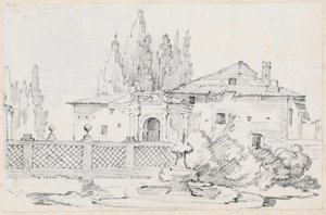 Haus und Bäume hinter einer Gartenmauer von Joseph Marie Vien