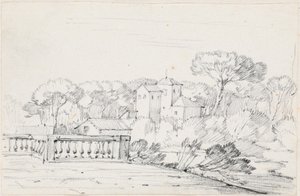 Terrasse an einem Fluss mit einer Villa und Bäumen dahinter