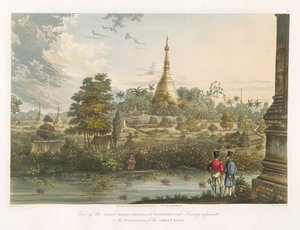Ansicht der Großen Dagon-Pagode in Rangoon von Westen, graviert von Henry Pyall (1795-1833) 1825-26 von Joseph Moore