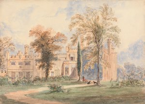 Ein nicht identifiziertes gotisches Herrenhaus: Seitenansicht des Hauses mit Garten von Joseph Murray Ince