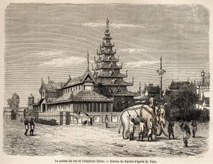 Der Palast des Königs von Ava in Amarapoura (heutiges Burma), Zeichnung von Navlet zur Illustration der Reise ins Königreich Ava im Jahr 1855 von Kapitän Henri Yule vom Bengalischen Genie-Korps. Gravur in „Le tour du monde, nouveau journal des voyages“