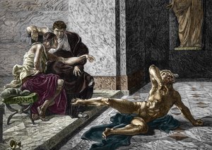 Darstellung des römischen Giftmischers Locusta, der an der Seite von Kaiser Nero (37-68) ein Gift an einem seiner Sklaven testet, das für seinen Bruder Britannicus (41-55) bestimmt ist, 55. Gravur nach einem Gemälde von Joseph-Noel Sylvestre (1847-1926) 18 von Joseph Noel (after) Sylvestre