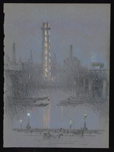 Schutzturm mit Nachtlichtern, vom Embankment von Joseph Pennell