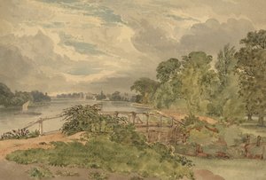 Flusslandschaft mit Schleuse im Vordergrund