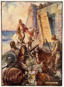 Macbeth wird von Lady Macduff der Eintritt verweigert, während ihr Mann auf dem Seeweg flieht von Joseph Ratcliffe Skelton