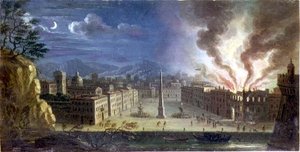 Ein Platz in einem italienischen Hafen mit einem nachts brennenden Gebäude von Joseph Ruiz
