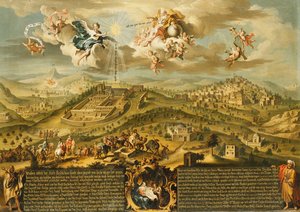 Ein Blick auf Bethlehem mit der Reise der Weisen, der Dreifaltigkeit oben und der Geburt in einer gemalten Kartusche unten, 1752 von Joseph Stephan