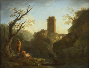 Eine Landschaft mit einem Baum und zwei Männern, ein Turm im Hintergrund