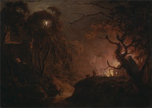 Brennendes Haus bei Nacht