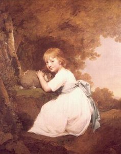 Miss Bentley in einem weißen Kleid mit einem Kaninchen von Joseph Wright of Derby