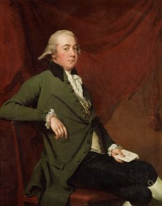 Porträt von Edward Abney, sitzend, Dreiviertellänge, in einem grünen Mantel, einen Brief haltend vor einem roten Vorhang, späte 1780er Jahre
