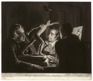 Drei Personen betrachten den Gladiator bei Kerzenlicht, graviert von William Pether von Joseph Wright of Derby