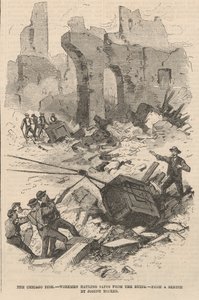 Arbeiter ziehen Tresore aus den Ruinen, Illustration aus Frank Leslies Illustrated Newspaper, 1871 von Joseph after Becker