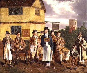 Norwich-Charaktere, L. bis R., Peter Thomas, C. Grimer, R. Gurney, R. Gallant, Blinder Dan, John von Poringland, Joe Doe, Pfeifender Kuckucksjunge und Wyer von Joseph and Alfred Stannard
