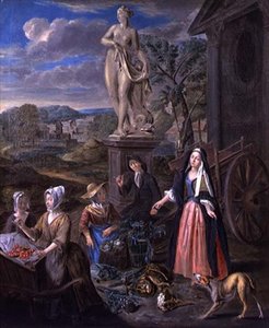 Figuren auf einem Markt in einer klassischen Landschaft