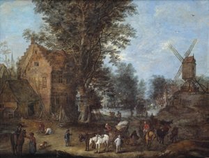Dorfszene mit Reisenden und Fuhrleuten und zahlreichen anderen Figuren bei ihren täglichen Aktivitäten von Joseph van Bredael