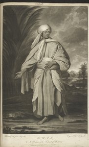 Omai, ein Eingeborener der Insel Ulietea. Ein stehendes Porträt von Mai oder Omai, in fließenden Gewändern, in klassischer Pose.