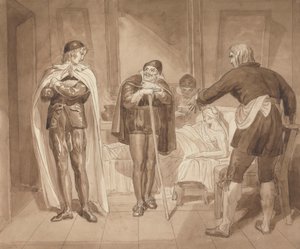 Gil Blas, während er unter Dr. Sangrado Medizin praktiziert, trifft Dr. Cuchillo am Bett des Lebensmittelhändlers von Joshua Cristall