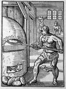 Ein Bäcker, der Brot in einem Ofen backt. Gravur von Jost Amman (1539-1591) 16. Jahrhundert von Jost Amman