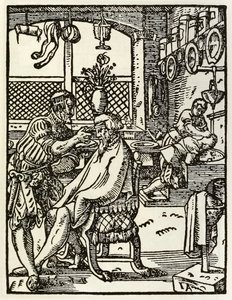 Die Barbiere aus einer Serie, die Berufe und Handwerke darstellt, erstmals veröffentlicht in Das Ständebuch 1568 in Frankfurt, Deutschland von Jost Amman