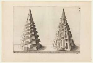 Zwei Kegel, Platte H. i. in Perspectiva. Corporium Regularium von Jost Amman