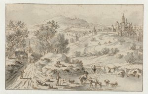 Gebirgige Landschaft mit einer Stadt auf einem Hügel