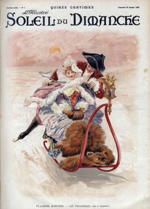 Wintervergnügen: Schlittenfahrt. Ein elegantes Paar beim Rodeln und Schlittschuhlaufen gleitet über den Schnee. Nach J. Koppay. Gravur in „Le Soleil-du-Dimanche“, 22. Januar