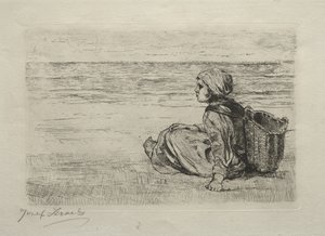 Mädchen mit Korb am Ufer sitzend von Jozef Israëls