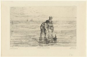 Kinder spielen mit einem Schiffchen am Strand von Jozef Israëls