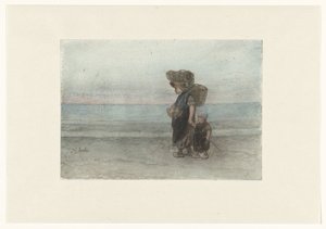 Frau mit Kind, am Strand entlanggehend von Jozef Israëls