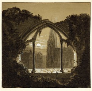 Gotische Kathedrale durch Ruinen einer Burg gesehen