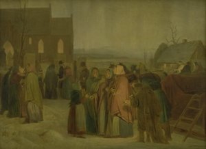 Bauern vor der Kirche an einem Weihnachtsmorgen