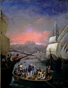 Abfahrt der Karavellen Santa Maria, Pinta und Nina in Palos 1492 von Juan Cabral Bejarano