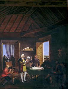 Der Physiker Garcia Fernandez, Pera Juan Perez und Martin Alonso Pinzon im Gespräch im Kapitelsaal des Klosters La Rabida von Juan Cabral Bejarano