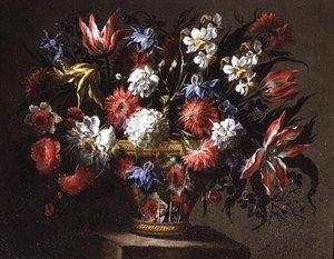 Stillleben mit Tulpen, Narzissen und anderen Blumen in einem Korb von Juan de Arellano