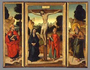 Kreuzigung mit der Jungfrau und den Heiligen Johannes dem Evangelisten, Petrus und Paulus, ca. 1520-1540 von Juan de Borgoña