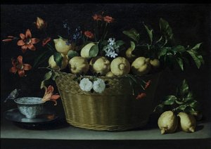 Stillleben mit Zitronen in einem Weidenkorb, um 1643-49 von Juan de Zurbaran