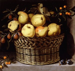 Ein Weidenkorb mit Früchten auf einem Steinsims von Juan van der Hamen y Leon