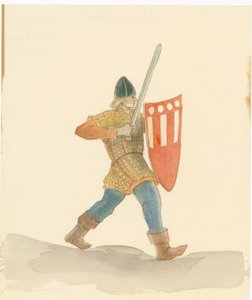 Ein mittelalterlicher Soldat mit einem langen Schwert in der rechten Hand und einem Schild in der linken