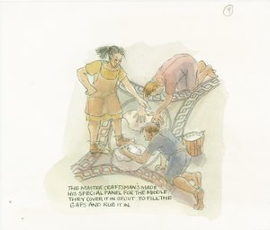 Zwei Arbeiter verfugen eine Bodenplatte, hergestellt und überwacht vom Meisterhandwerker, 2003
