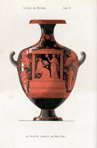 Griechische Vase, die eine Frau bei ihrer Toilette zeigt, die eine Schachtel mit Kosmetika und Parfums hält, unterstützt von einer Sklavin, die einen Fächer schwenkt von Jules (after) Cheret