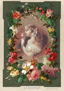 Der Geruch, Frau riecht an einer Blume in einem Dekor aus Rosen, Lilien und Tulpen von Jules (after) Cheret
