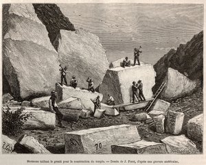 Mormonen schnitzen Granit für den Tempelbau. Gravur nach J. Ferats Zeichnung, zur Illustration der Geschichte La conquete blanche, von William Hepworth Dixon, 1875, veröffentlicht in „Le tour du monde“, 1876, herausgegeben von Edouard Charton, Hachette-A von Jules (after) Ferat